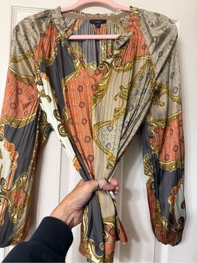 Current Air Baroque Print Long Sleeve Blouse in Orange, Gray & Gold